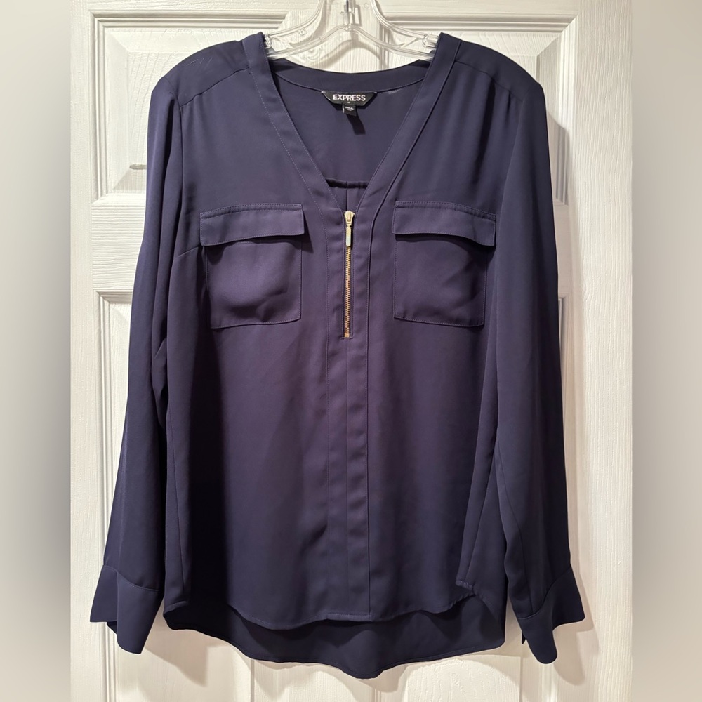 Express Blue 3/4 Sleeve Blouse with Zipper Detail